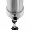 Close-up view of the bottom part of a stainless steel sausage stuffer, showing the nozzle and a clamp mechanism. Produktbild-Vorschau