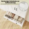 A white cabinet with its drawer open, showing folded towels and toiletries inside. A close-up inset shows a drawer slide mechanism. Podgląd zdjęcia produktu