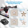 A laser engraver is shown in operation, with inset images demonstrating the 'before' and 'after' results of using an air assist set for cutting and engraving wood. Náhled obrázku produktu