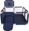A blue and white playpen with a tunnel entrance and a basketball hoop attachment. Produktbild-Vorschau