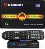 The image shows the packaging of a digital satellite receiver, along with the receiver itself and its remote control. Produktbild-Vorschau