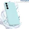 A light blue phone case is shown with water splashing around it, suggesting water resistance. Produktbild-Vorschau