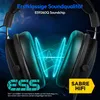 A close-up marketing image of a black gaming headset with glowing blue sound waves emanating from the earcups. Text overlays highlight sound quality and a specific sound chip. Produktbild-Vorschau