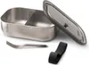 A stainless steel lunchbox with a lid, fork, and strap on a white background. Podgląd zdjęcia produktu