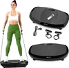 A woman is using a vibration plate with resistance bands, and separate images of the vibration plate and its accessories are shown. Voir les images du produit