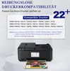 A printer with a list of compatible printer models and text about compatibility. Produktbild-Vorschau