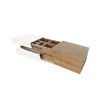 A modern coffee table with white and wood finishes, showing open drawers and compartments. Náhľad obrázku produktu