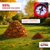 A pile of autumn leaves on a grassy lawn, with a smaller pile of shredded leaves next to it. Text overlays highlight product features and branding. Produktbild-Vorschau