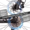 Close-up of bicycle disc brakes with marketing text overlays. Produktbild-Vorschau
