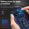 A hand holding a blue phone case with a ring stand and a sliding camera cover. The image highlights the features of the case with text and arrows. Produktbild-Vorschau