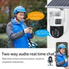 A delivery person interacting with a smart camera system via their phone, illustrating two-way audio communication. Produktbild-Vorschau