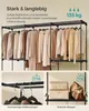 Collage showing a black metal garment rack with clothes on hangers, and close-ups of hangers and storage boxes. Produktbild-Vorschau