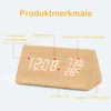 A wooden alarm clock with digital displays for time, humidity, and temperature, with labels pointing to its features. Produktbild-Vorschau