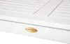 A close-up view of a white wooden surface with a small oval logo. Produktbild-Vorschau