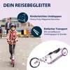 A young girl is riding a pink scooter outdoors, with text and graphics highlighting product features. Produktbild-Vorschau