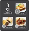 Collage of food items and text describing different screens for a meat grinder. Podgląd zdjęcia produktu