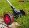 A close-up view of a battery-powered edge trimmer in use on a lawn, with red arrows indicating movement. Podgląd zdjęcia produktu