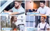A collage of four images showing different people using a Bluetooth headset in various settings: driving, in an office, traveling, and in a warehouse. Produktbild-Vorschau