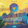 A stylized illustration of a lion with a colorful mane, sitting on a vibrant, abstract landscape under a bright sun. The word 'HARMONIES' is prominently displayed in large letters. Produktbild-Vorschau