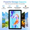 A tablet displaying a colorful abstract wallpaper and time, with layered landscape images behind it, and marketing text about storage capacity. Produktbild-Vorschau
