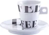 A white espresso cup and saucer with the word "Coffee" printed on it in black letters. Anteprima dell’immagine prodotto