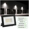 A black LED floodlight is shown in the foreground, with a row of industrial loading docks illuminated by similar lights in the background. Produktbild-Vorschau