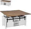 A lift-top coffee table with a rustic design, featuring barn doors and hidden storage. Voir les images du produit
