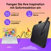 A graphic tablet connected to a laptop, with animated figures and text highlighting product features. Voir les images du produit