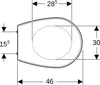 A top-down technical drawing of a toilet seat with dimensions indicated. Anteprima dell’immagine prodotto