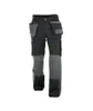 A pair of black and gray work pants with multiple pockets, presented on a white background.
