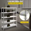 A stainless steel shelving unit is shown in a kitchen setting, with graphics indicating its storage capacity and material. Podgląd zdjęcia produktu