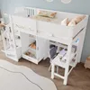 A white loft bed with a desk, wardrobe, and shelves underneath, set in a child's bedroom. Voir les images du produit