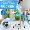A woman is sitting in a green office chair at a desk, using a laptop. The image is overlaid with text and graphics highlighting the chair's features. Produktbild-Vorschau