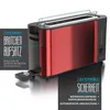 A red toaster with a bread roll attachment and marketing text overlays. Produktbild-Vorschau