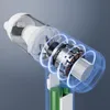Cutaway view of a handheld vacuum cleaner's internal components, highlighting the motor, fan, filter, and battery. Produktbild-Vorschau
