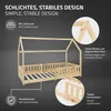 A wooden children's bed with a house-like frame, shown with informational callouts highlighting its features. Produktbild-Vorschau