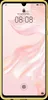 A yellow protective case for a Huawei P30 phone is shown on a pink, abstract background. The phone screen displays the time and a face recognition prompt. Produktbild-Vorschau