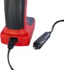 A close-up view of a red and black portable air compressor with a USB cable plugged into its side and a car cigarette lighter adapter nearby. Produktbild-Vorschau