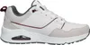 A side view of a white SKECHERS sneaker with gray and burgundy accents. Voir les images du produit