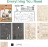 A collage of images showing the components and instructions for a 3D wooden electric guitar model kit. Voir les images du produit