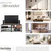 A collage showcasing a TV stand in different room settings, with text highlighting its features and brand. Produktbild-Vorschau