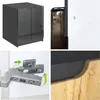 A collage of images showing a black cabinet with two doors, a close-up of the cabinet edge, a close-up of a hinge with instructions, and a close-up of the wood grain texture. Produktbild-Vorschau