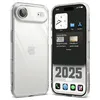 A clear protective case for an iPhone is shown next to a phone displaying widgets and app icons. Produktbild-Vorschau