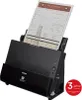 A black Canon scanner with a document being fed into it, set against a white background. A red circular overlay with text is present in the bottom right corner. Voir les images du produit