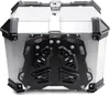 A silver and black motorcycle top case is shown from the front. Produktbild-Vorschau