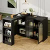 A black bar cart with a sideboard and glass doors, set up in a living room with a couch and a painting on the wall. Podgląd zdjęcia produktu