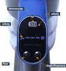 Close-up view of the control panel of a blue cordless vacuum cleaner, showing battery indicator, power settings, and buttons. Produktbild-Vorschau