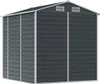 A dark gray metal shed with silver trim and vents on the roof, shown from a three-quarter angle against a white background. Náhled obrázku produktu