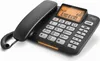 A black Gigaset DL580 corded landline telephone is shown from a slightly elevated side angle against a white background. The phone has a handset, a keypad with numbers and letters, and a small orange display screen showing text and numbers. Produktbild-Vorschau