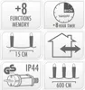 Collage of icons and diagrams illustrating features of LED string lights. Náhľad obrázku produktu